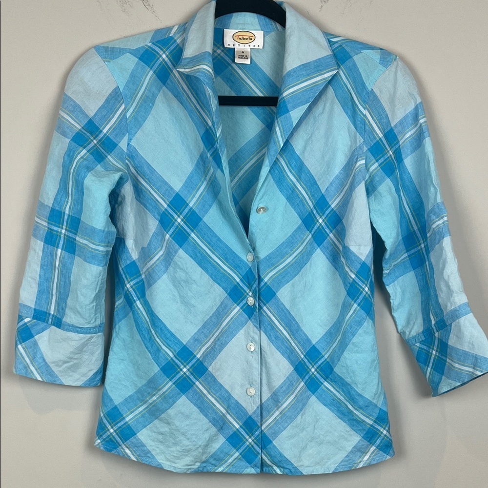 Talbots 100% Linen Light Blue Plaid Short Sleeve Shirt Size 4 Petite